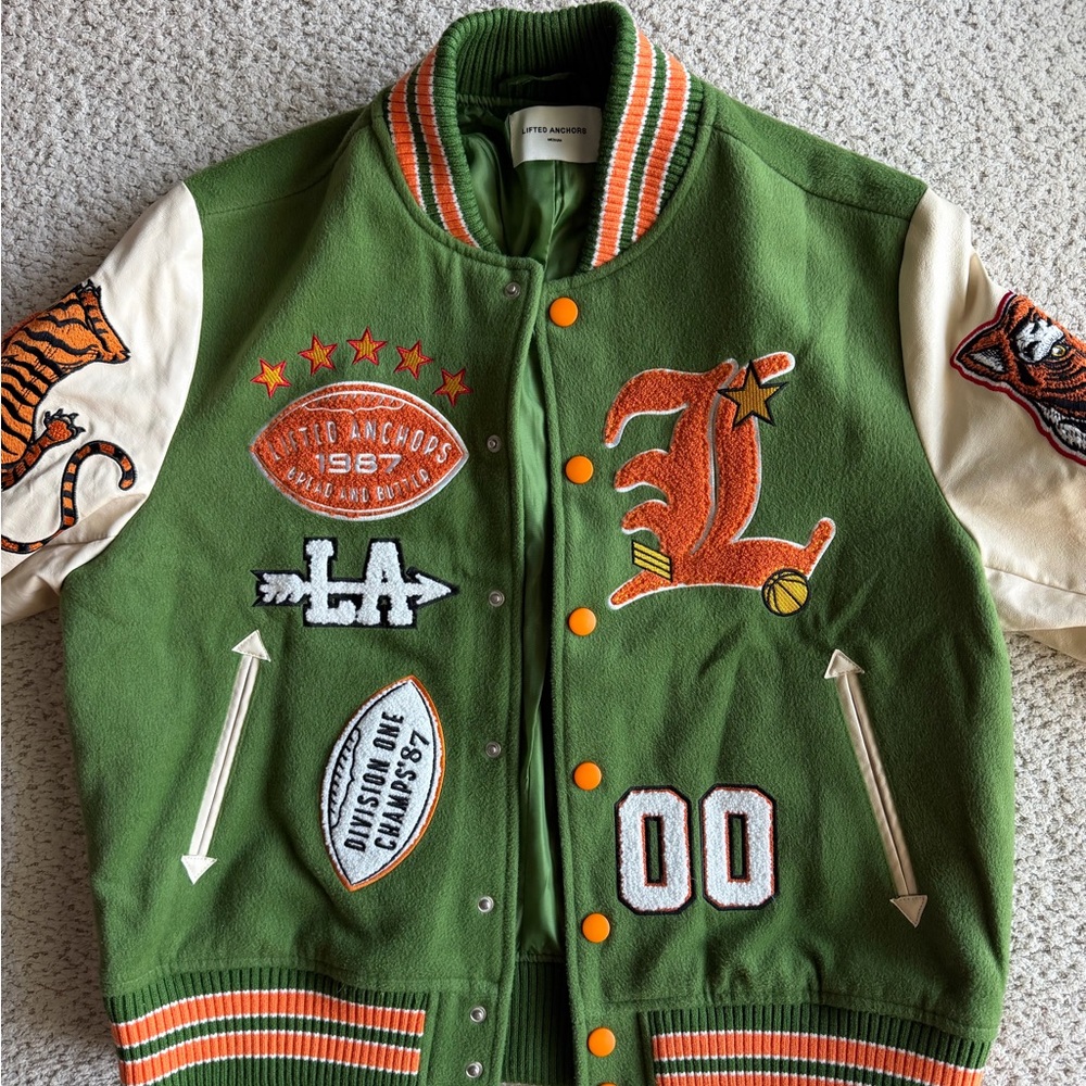 Lifted Anchors Green Varsity Jacket with Patches